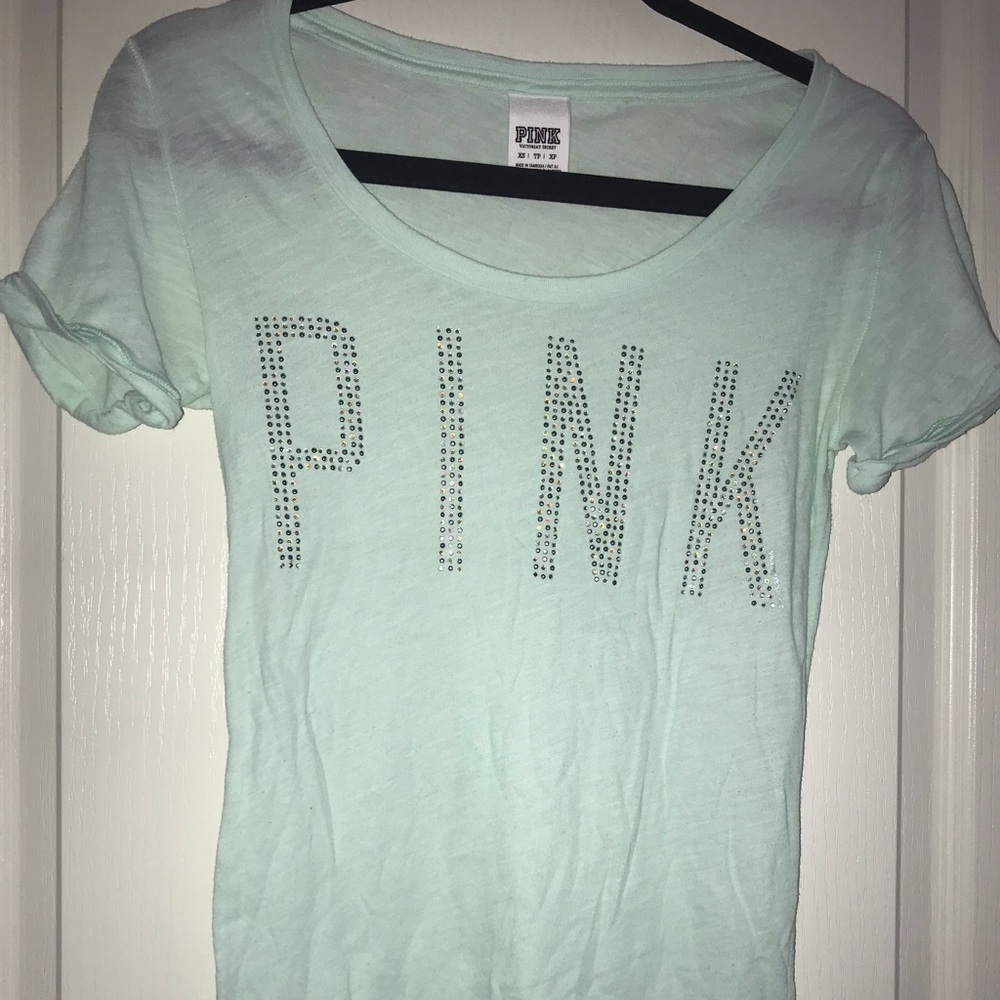 PINK Victoria Secret Rhinestone Light Blue Tee